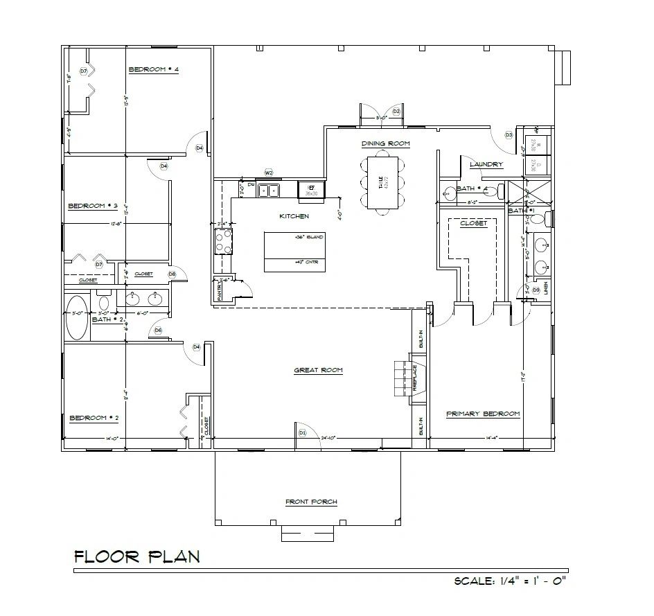 Floor plan of a single-story house with four bedrooms and a great room.