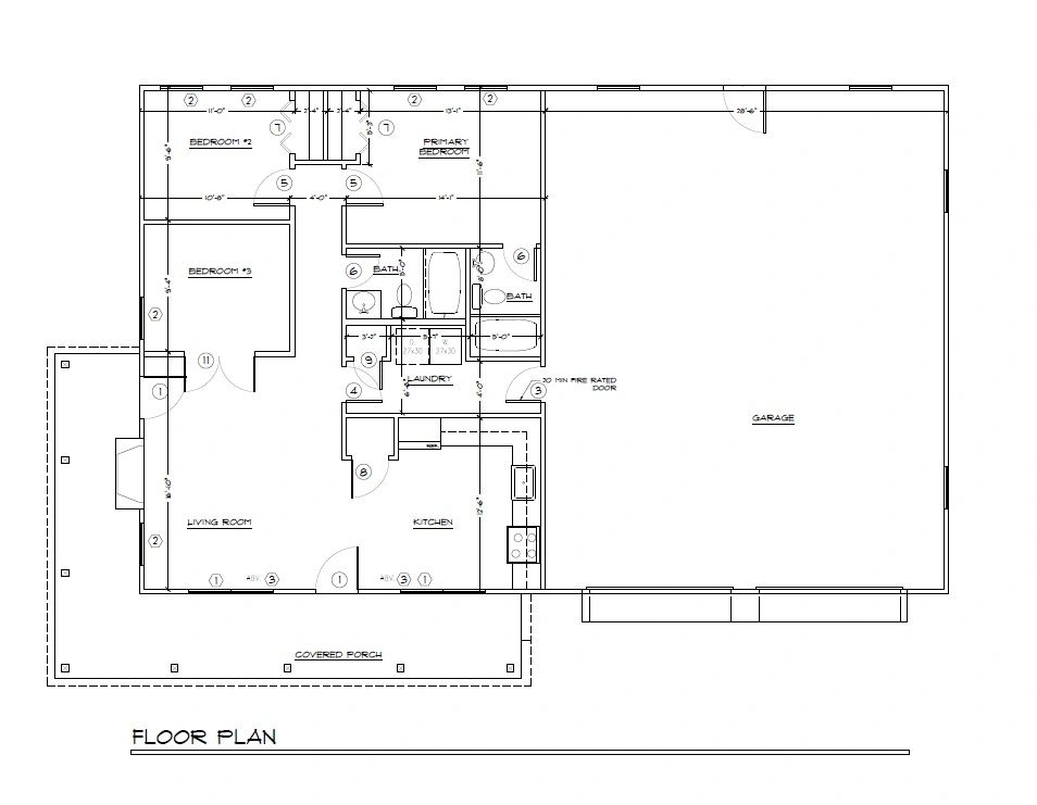 Blueprint floor plan of a house with three bedrooms and a garage.