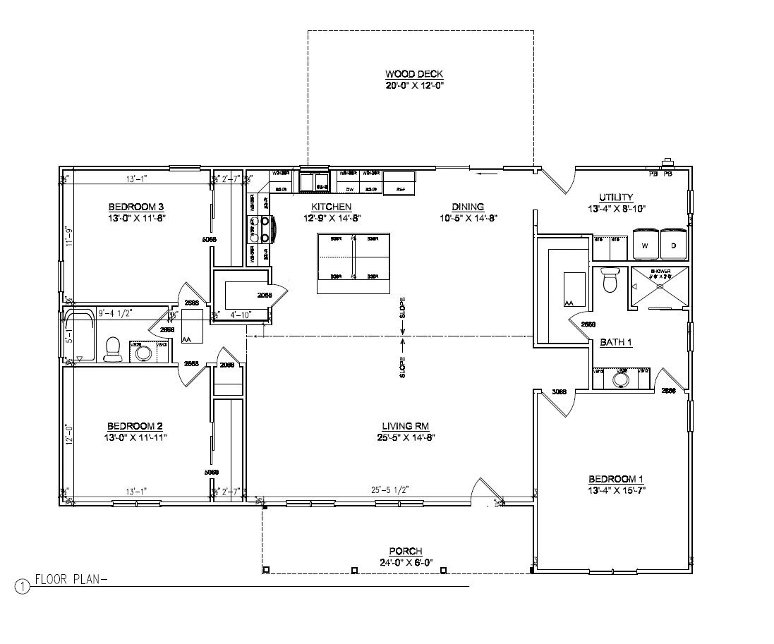 Architectural floor plan of a three-bedroom house with living, kitchen, dining, and utility areas.