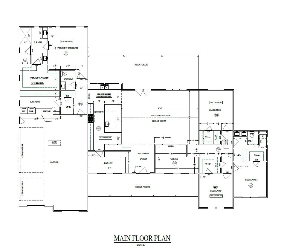 Detailed main floor plan of a residential house with labeled rooms and dimensions.