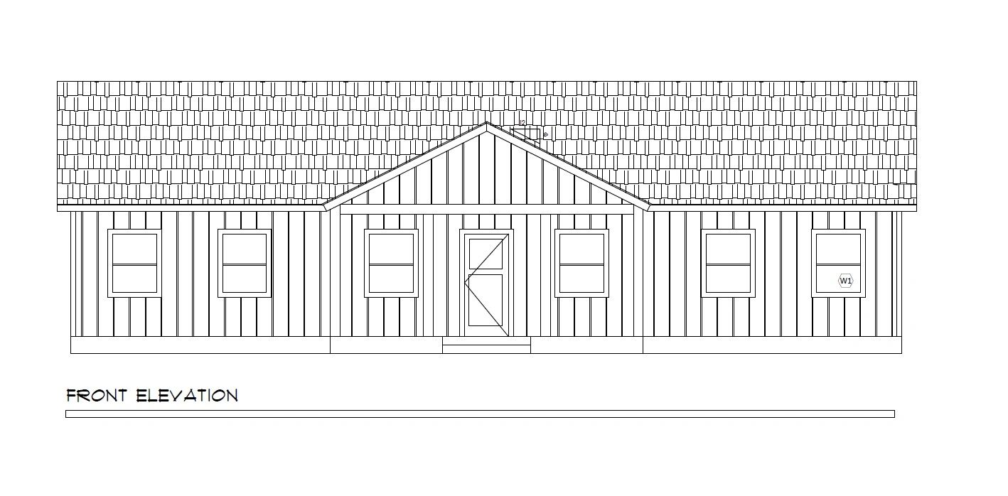 Architectural front elevation drawing of a single-story house.