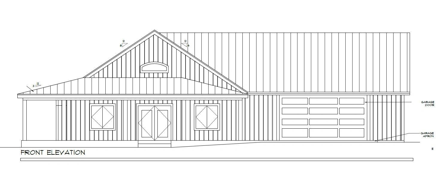 Architectural front elevation drawing of a single-story home with garage.