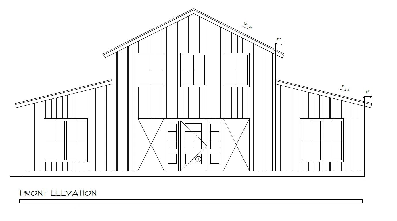 Architectural front elevation drawing of a barn-style house.