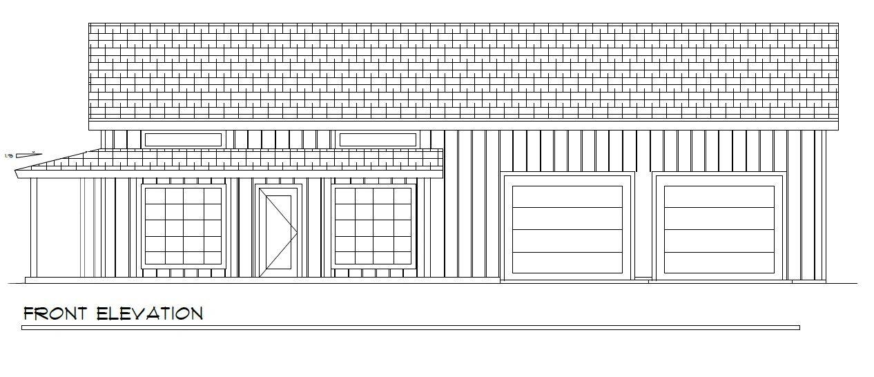 Architectural front elevation drawing of a house with two garage doors.