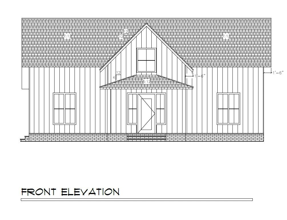 Architectural front elevation drawing of a house with pitched roof and windows.