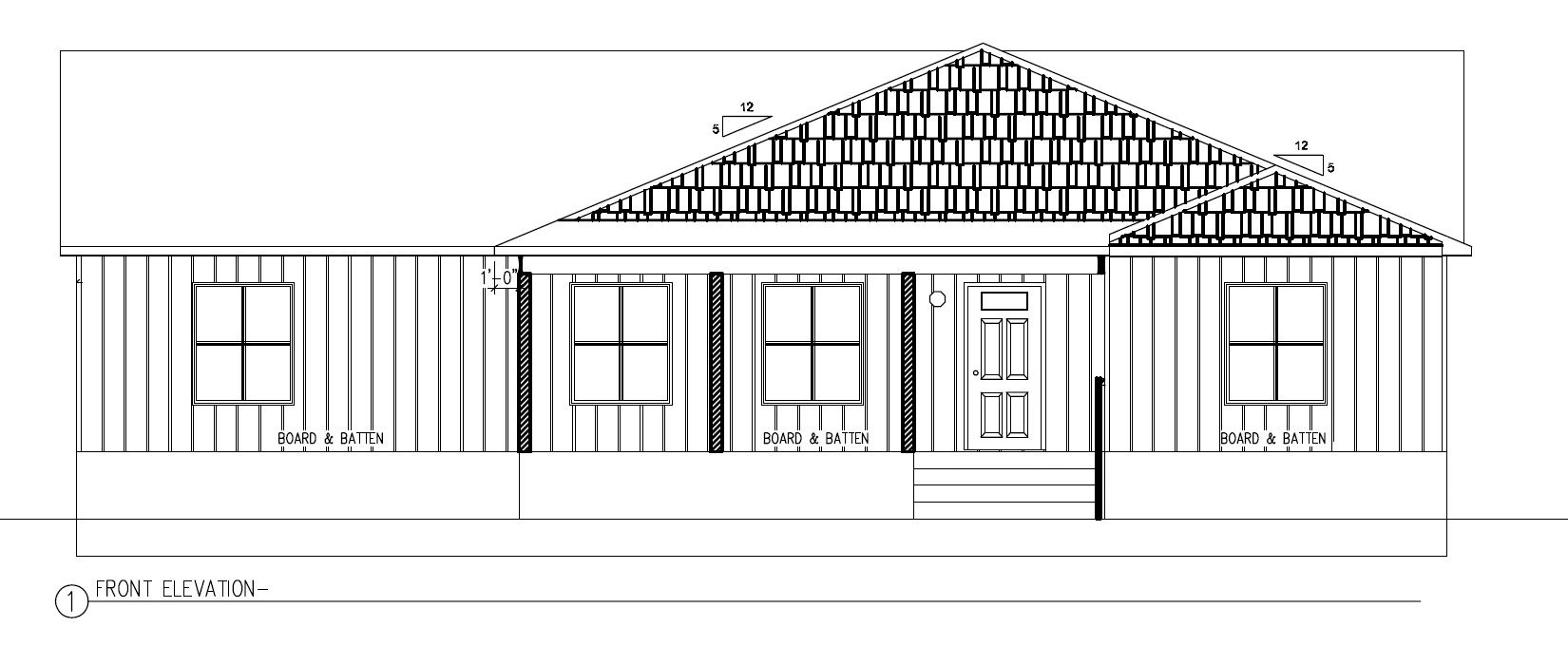 Architectural front elevation drawing of a house with board and batten siding.