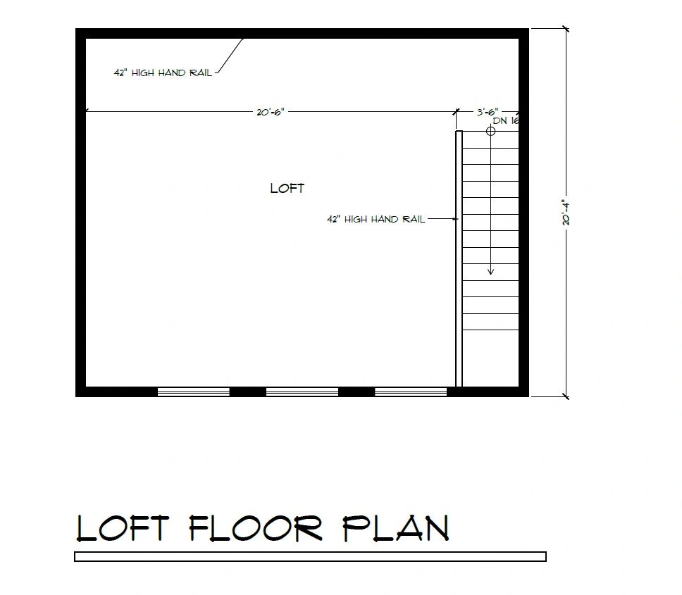 Architectural loft floor plan with dimensions and hand rail details.