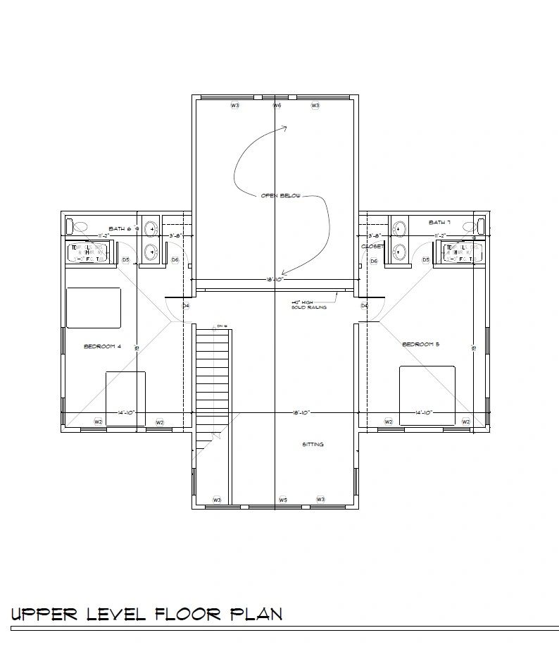 Upper level floor plan with two bedrooms and sitting area.