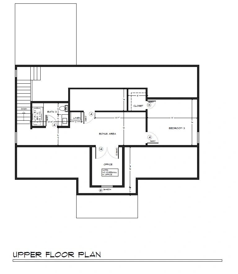 Architectural floor plan showing upper floor layout with office, bedroom, and bonus area.