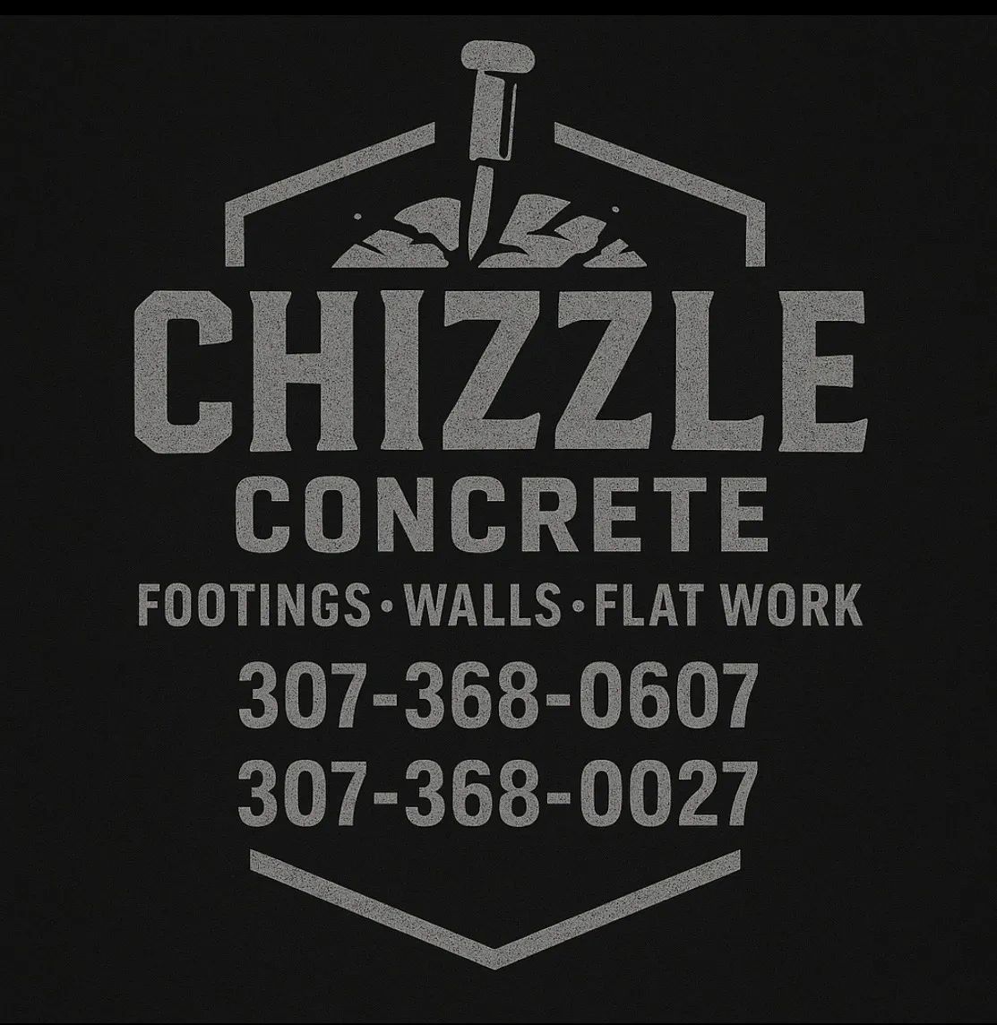 Chizzle Concrete logo with contact numbers for footing, walls, and flat work services.