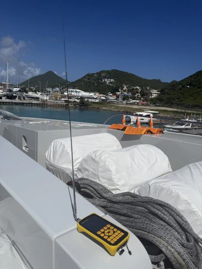 Marine radio test set on a yacht foredeck in St. Maarten during a Caribbean GMDSS radio survey