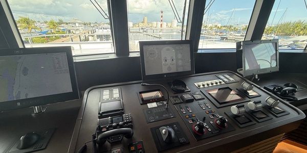 Yacht bridge console with GMDSS radio equipment in Key West, Florida