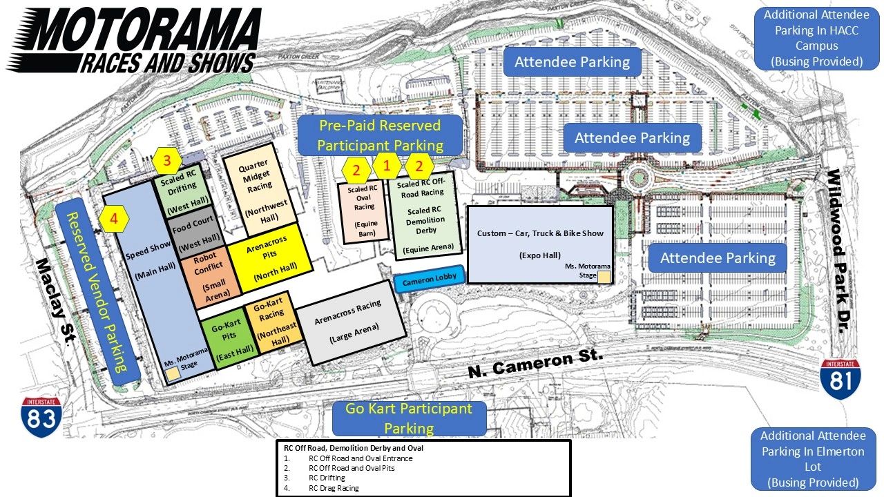 Layout map for Motorama event with parking and racing areas labeled.