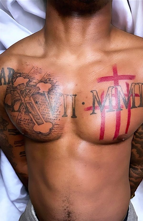 Three red crosses tattoo and bible page with cross chest tattoo idea