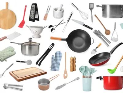 Various kitchen utensils and cookware arranged against a white background.