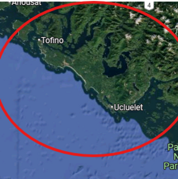 Map highlighting Tofino and Ucluelet on a coastal region.