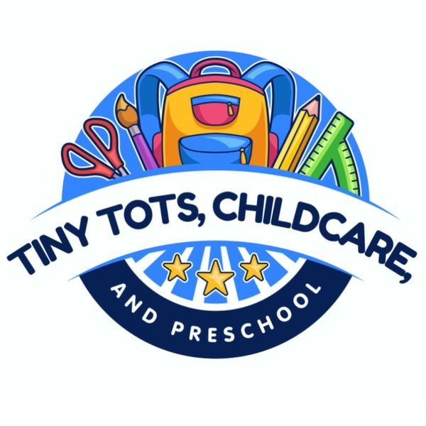 Colorful logo for Tiny Tots Childcare and Preschool with educational tools.