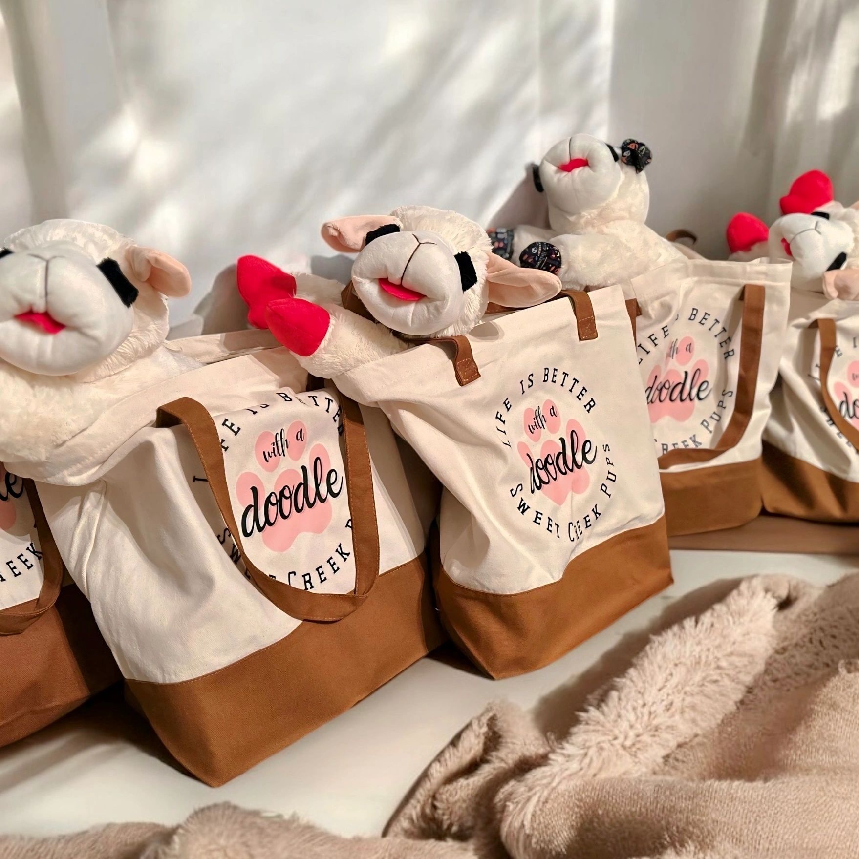 Custom tote bags for our adoptable puppies- Lambchop toy, puppy food, blanket & more