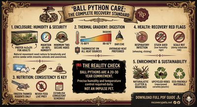 Infographic on ball python care covering enclosure, temperature, nutrition, health, and sustainability.