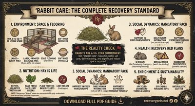 Infographic on rabbit care covering environment, nutrition, social dynamics, health, and enrichment.