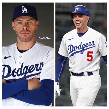 Two photos of a Dodgers baseball player showing a cleft chin.