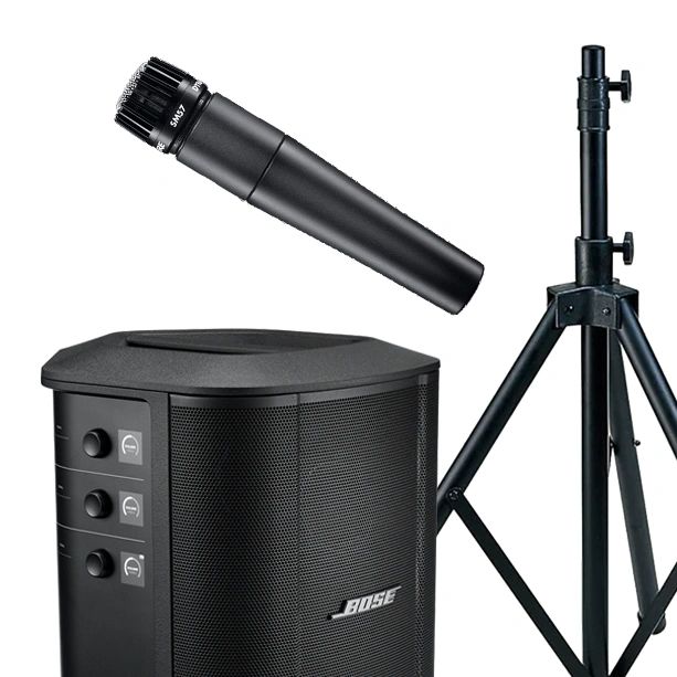 Portable Bose speaker system with microphone and stand for live audio.