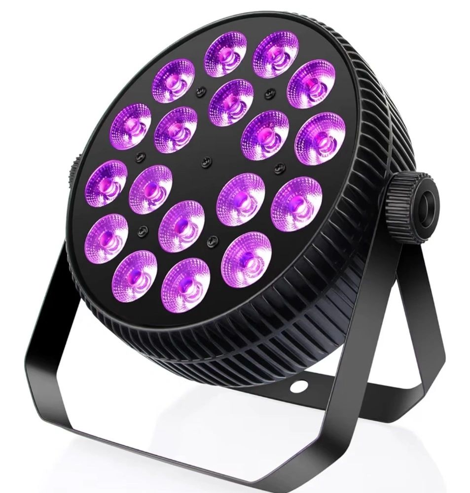 Black stage light with 18 purple LED bulbs on a stand.