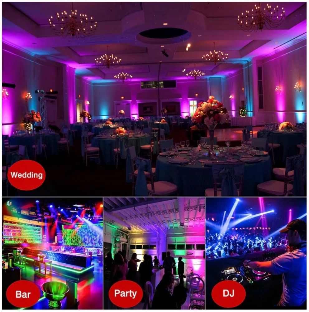 Colorful lighting enhances wedding, bar, party, and DJ scenes.