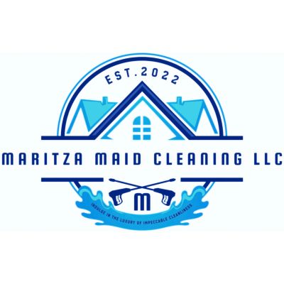 Logo for Maritza Maid Cleaning LLC featuring a house roof and cleaning tools.