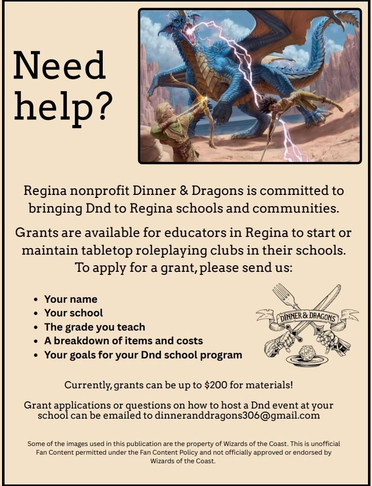 Poster offering grants to Regina educators for starting DnD clubs in schools.