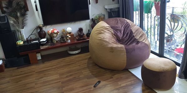 Cozy living room with a bean bag chair and wooden flooring.