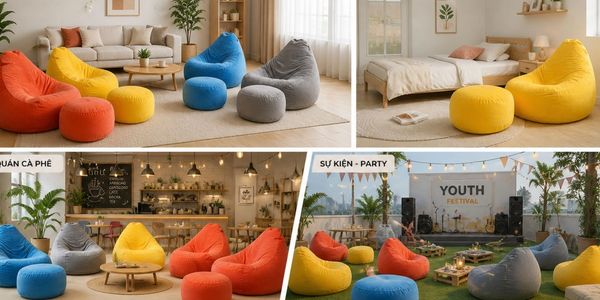 Colorful bean bag chairs in cozy indoor and outdoor settings for relaxation and events.