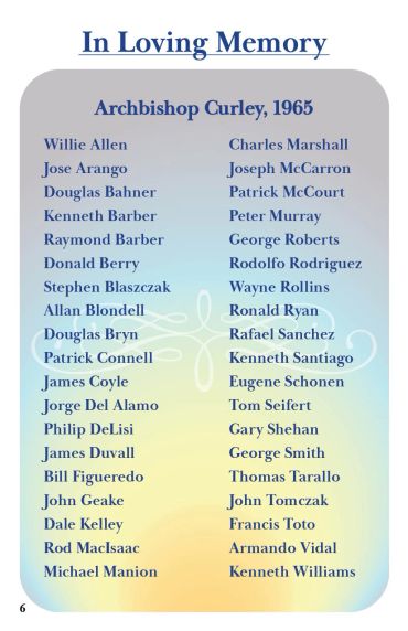 Memorial page listing names from Archbishop Curley, 1965.