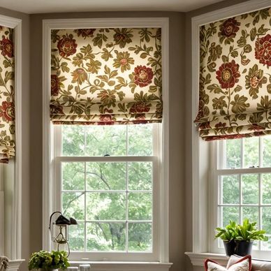 Cozy sitting area with floral window shades and elegant furniture.