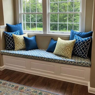Cozy window seat with blue and beige patterned cushions and pillows.
