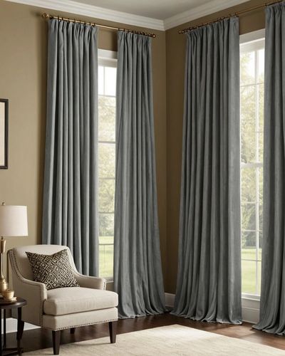 Elegant gray curtains framing large windows in a cozy living room corner.