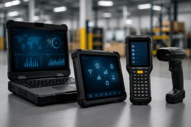Rugged electronic devices including a laptop, tablet, scanner, and barcode reader.