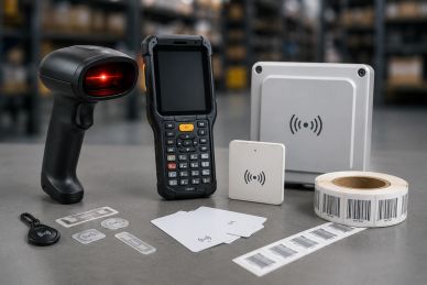 Various inventory and tracking devices on a table.