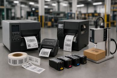 Label printers and barcode supplies on a table.