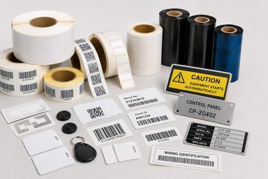 Various barcode labels, RFID tags, and caution signs.