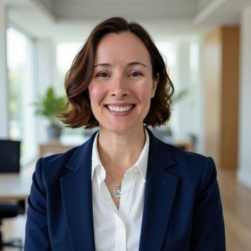 Smiling woman in business attire in a bright office.