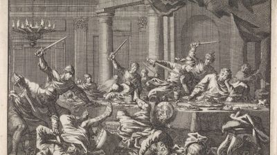 A chaotic scene of sword fighting and conflict in a grand architectural setting.