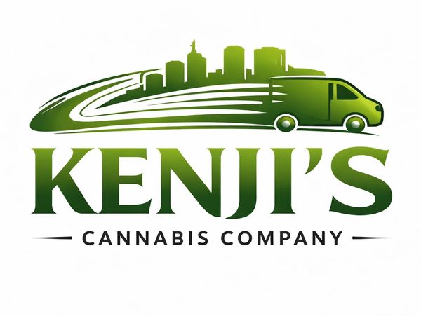 Green-themed logo for Kenji's Cannabis Company with cityscape and delivery van.