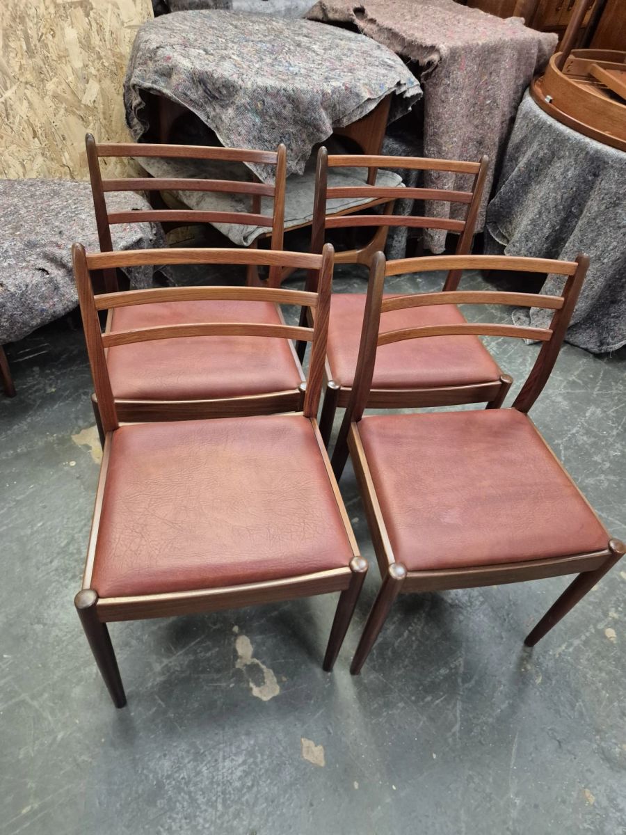 (AA39) Uk teak Gplan ladder back set of (4) dining chairs