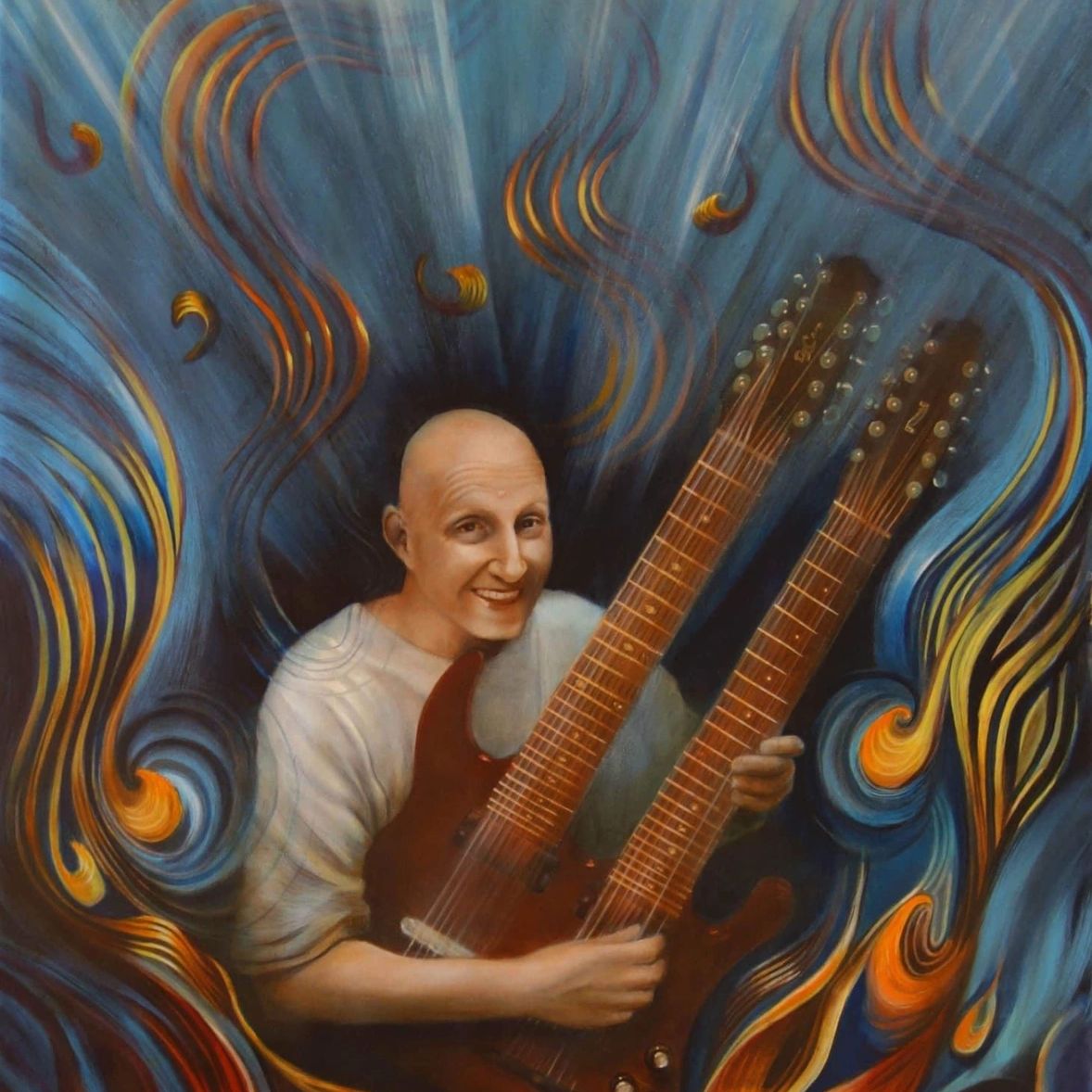 A smiling man plays a double-neck guitar amid swirling colorful waves.