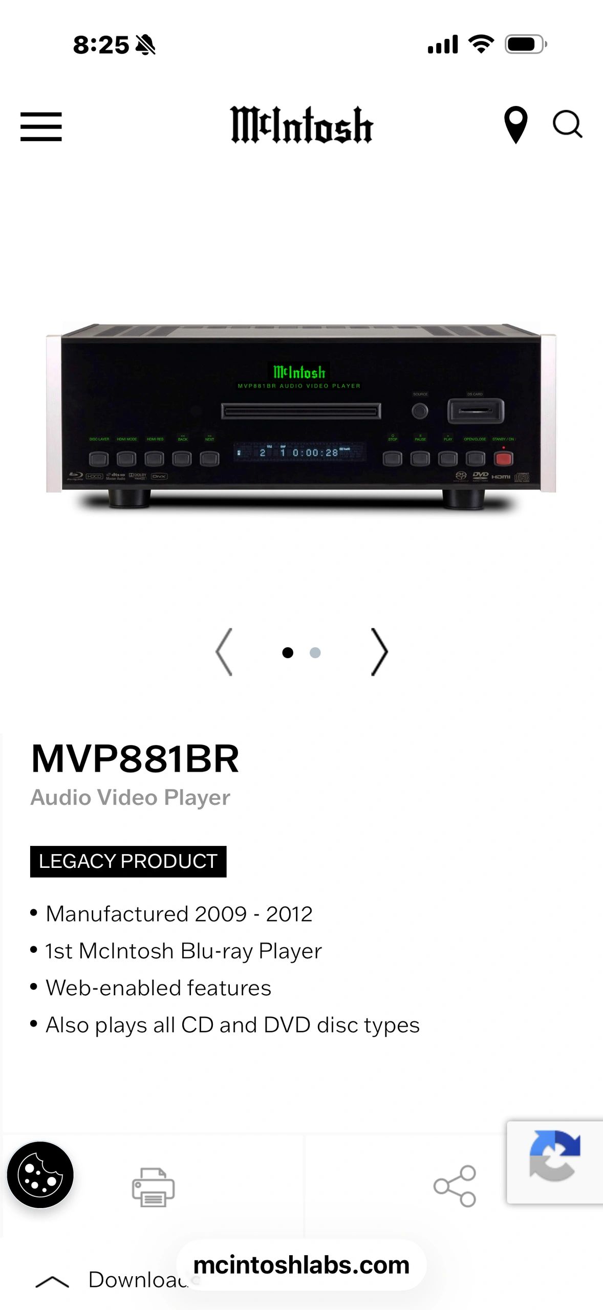 McIntosh MVP881BR Blu-ray player with web features and multi-disc support.