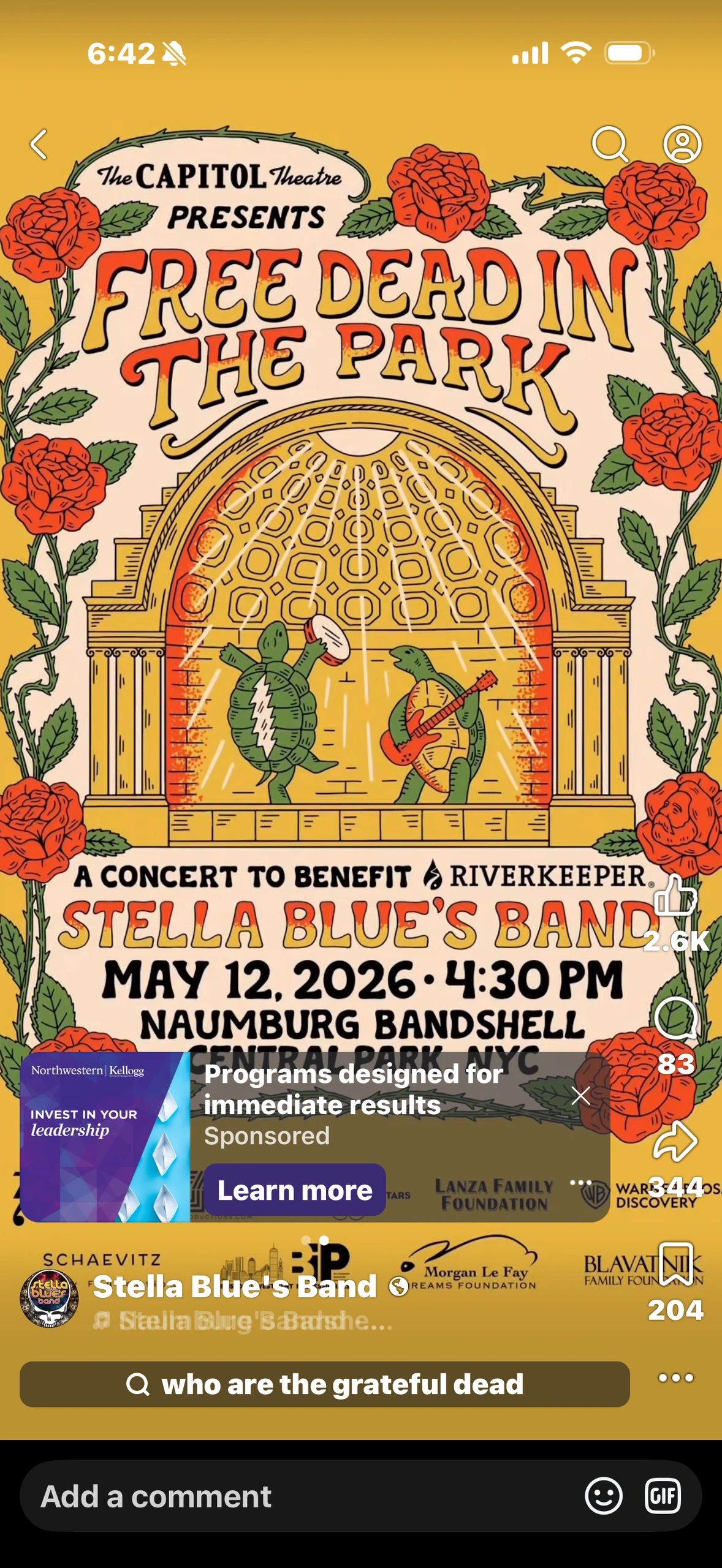 Poster for a free Dead in the Park concert by Stella Blue's Band in Central Park, NYC.
