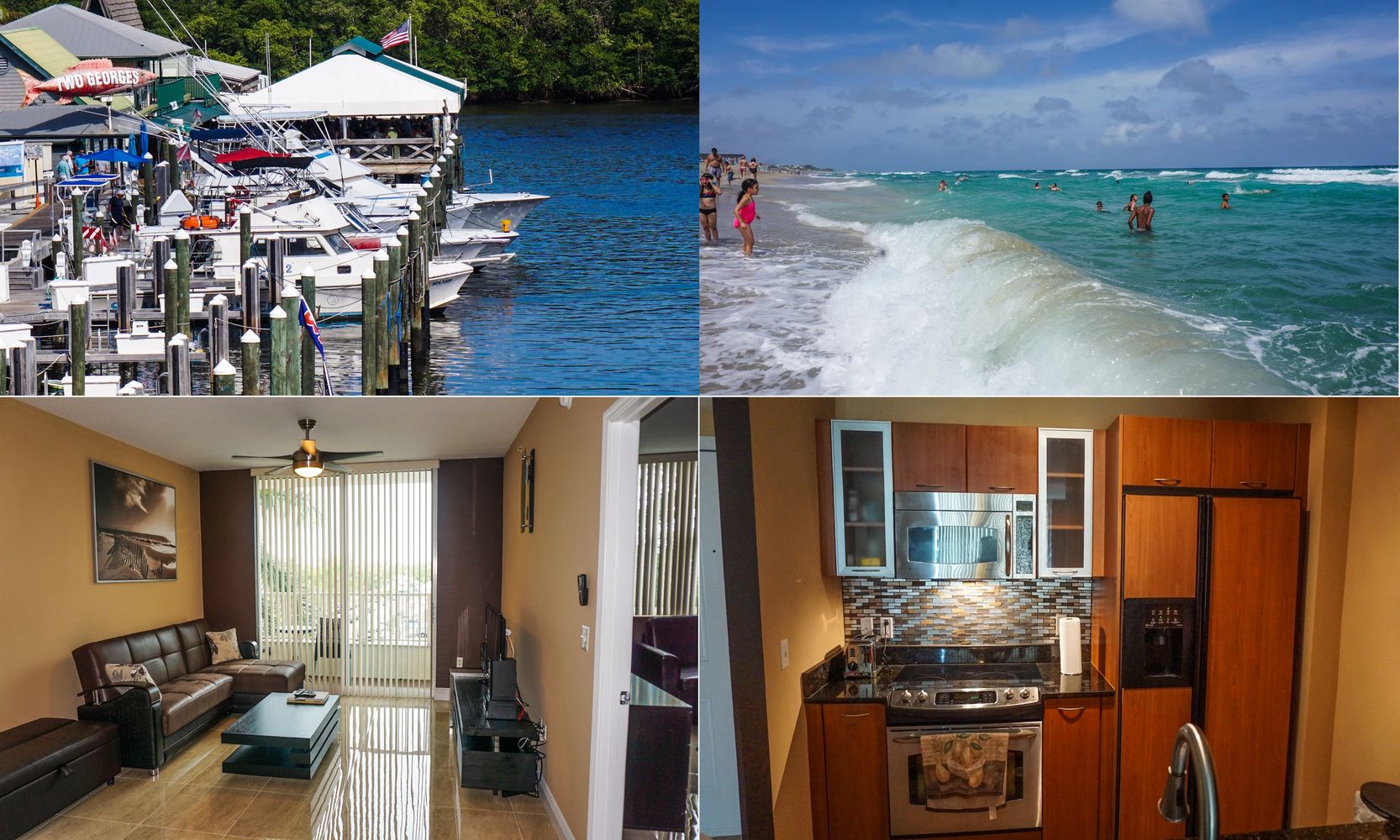 Boats docked at a marina with clear water and greenery.