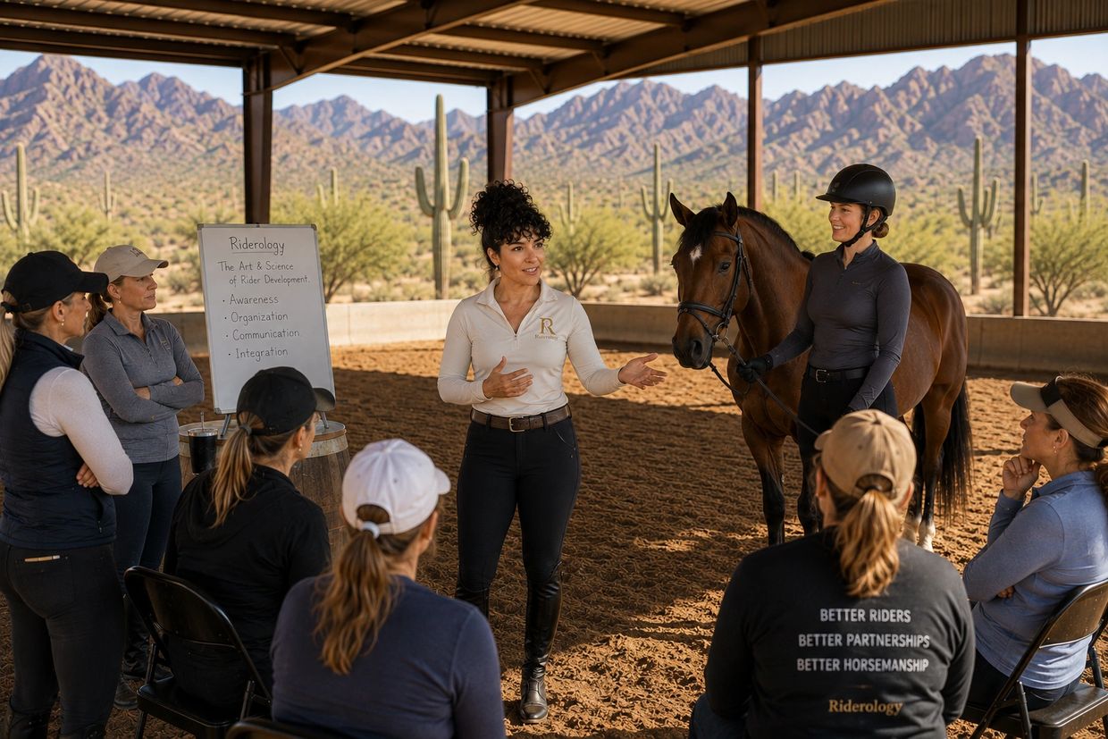 Instructor teaching horsemanship to a group with a horse present.