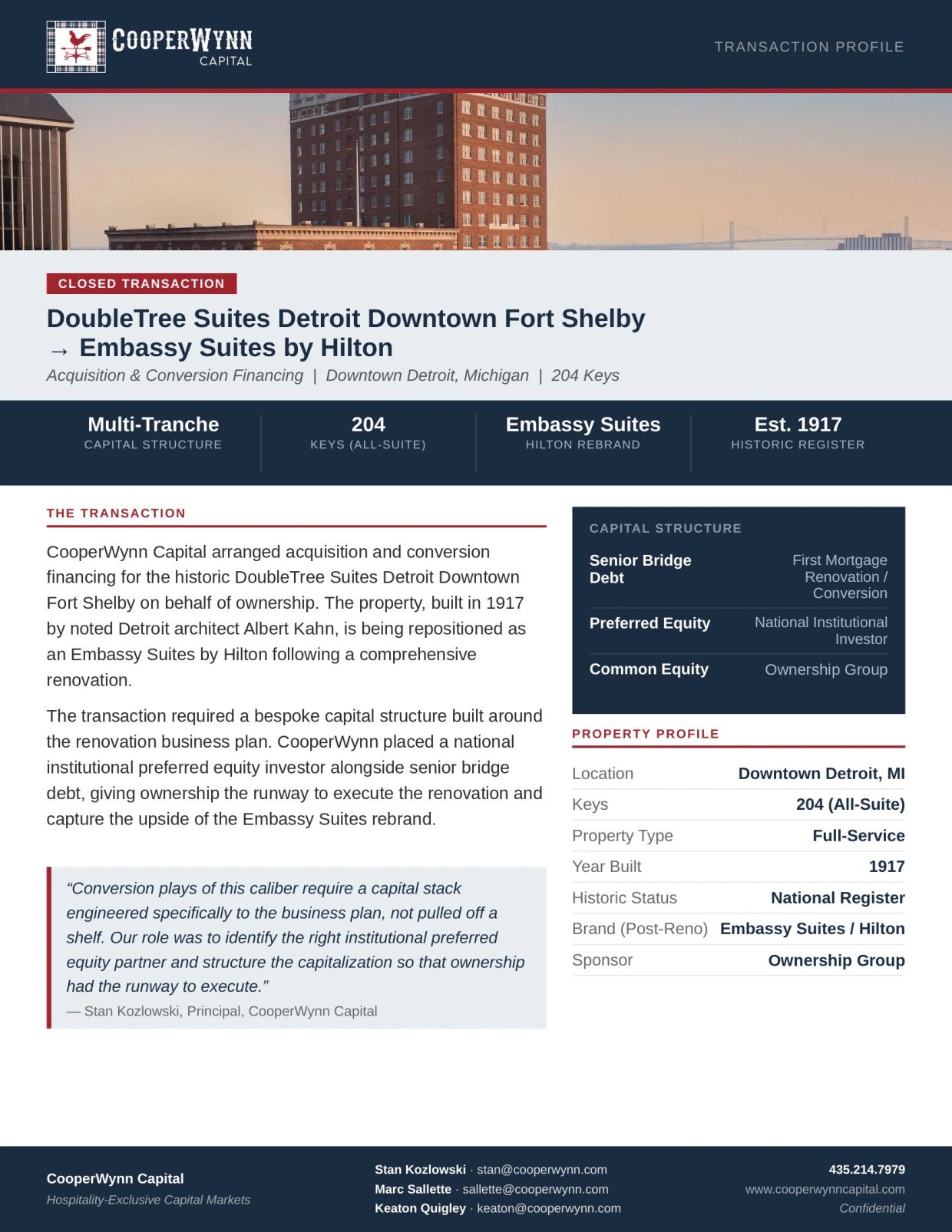 CooperWynn Capital finances repositioning of DoubleTree Suites Detroit to Embassy Suites by Hilton.